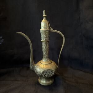 Vintage Brass Handmade Intricate Etched Hinged Top Tea Pot Made In India 11"